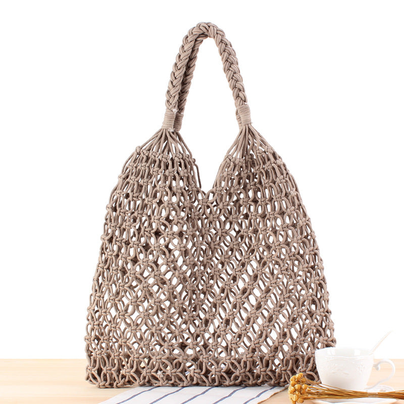 Nisa Handmade Straw Bag Travel Beach Fishing Net Handbag Shopping Woven Shoulder Bag for Women Wooden Handle White Color by BTI Engineers