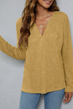 Plain V Neck Waffle Knit Pocketed Long Sleeves Top