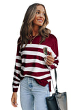 Red Striped Print Pocketed Long Sleeve Top with Slits