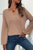 Khaki Eyelet V Neck Slope Shoulder Knit Top