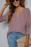 Plain V Neck Waffle Knit Pocketed Long Sleeves Top