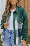 Green Snap Button Splicing Plaid Jackets