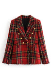 Red Plaid Button Raw Hem Suit Winter Outfits Coat