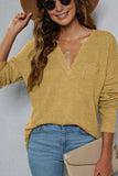 Plain V Neck Waffle Knit Pocketed Long Sleeves Top