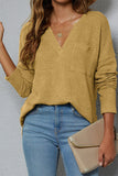 Plain V Neck Waffle Knit Pocketed Long Sleeves Top