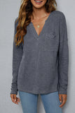 Plain V Neck Waffle Knit Pocketed Long Sleeves Top